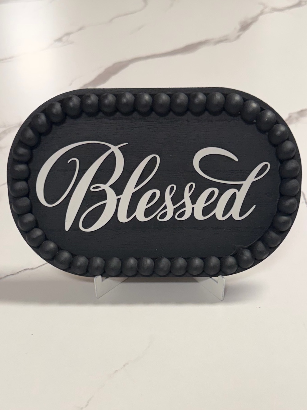 Blessed Beaded Decorative Sign - Black and White with easel